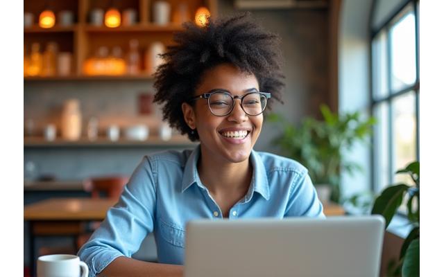 Persona sonriendo alegremente trabajando desde un café con su laptop, simbolizando flexibilidad laboral