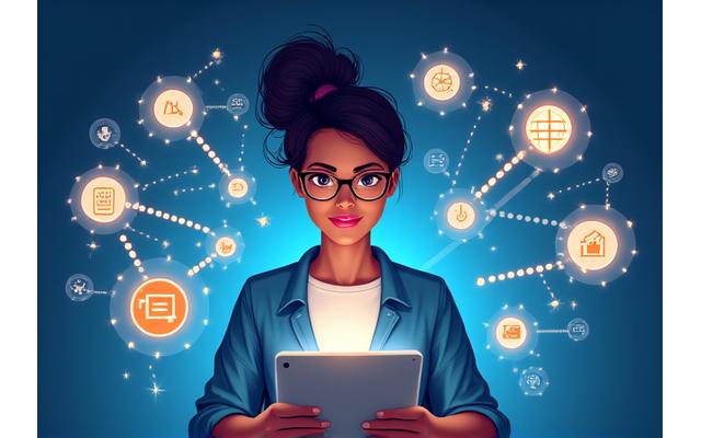 Persona trabajando en una tablet con gráficos de habilidades digitales flotando alrededor, resaltando la demanda laboral