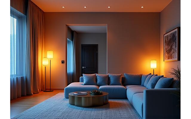 Escena acogedora de un salón con iluminación inteligente cálida, mostrando confort y eficiencia energética