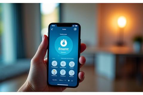 Mano sosteniendo un smartphone controlando dispositivos inteligentes en un hogar, Domótica para Ahorro Energético.
