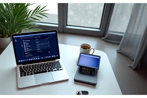 Mesa de trabajo organizada con tablets, portátil y café, Herramientas de Productividad y Gestión del Tiempo.